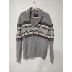 American Eagle Mens Sweater L Gray Geometric Shawl Collar Button Preppy Cozy